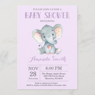 Invitation Baby shower éléphant violet et gris