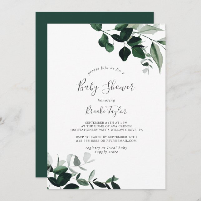Invitation Baby shower Emerald Greenery (Devant / Derrière)