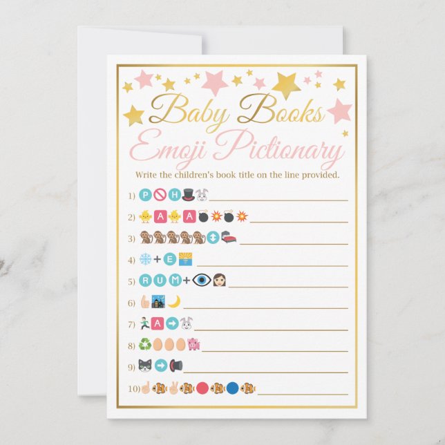 Invitation Baby shower Emoji Pictionary Jeu Rose Gold Stars (Devant)