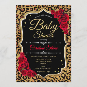Invitation Baby shower - Empreinte de léopard Black Red Gold