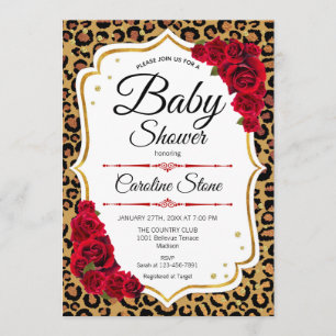 Invitation Baby shower - Empreinte de léopard d'or rouge