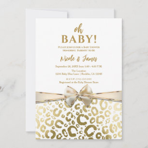 Invitation Baby shower Empreinte de léopard Glam blanc et or