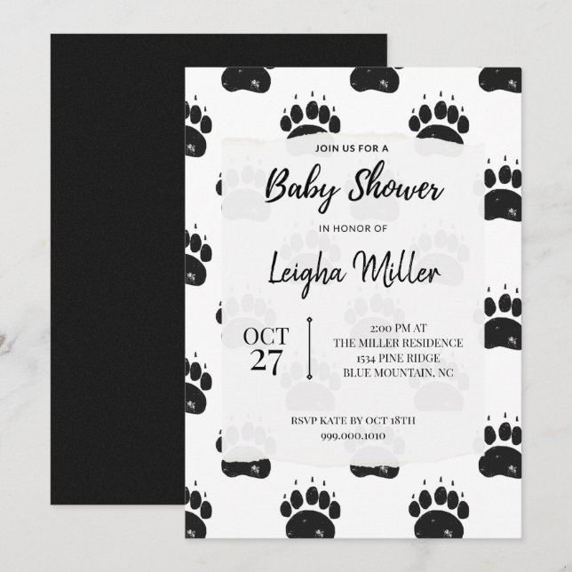 Invitation Baby shower Empreinte de patte de l'ours des bois (Devant / Derrière)