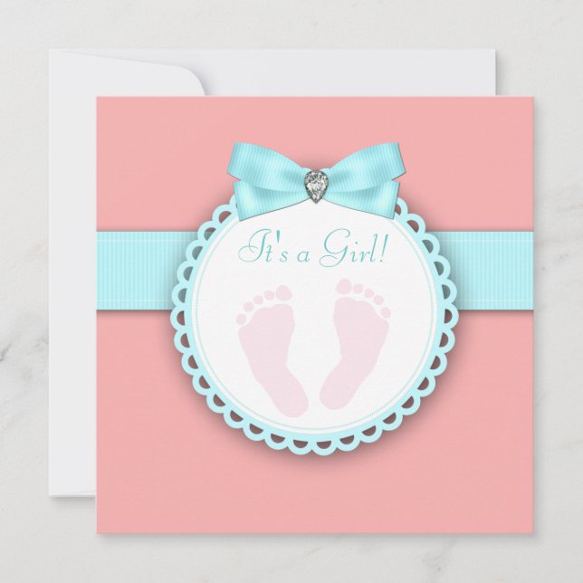 Invitation Baby Shower Empreinte de pied Corail Bleu Turquois (Devant)