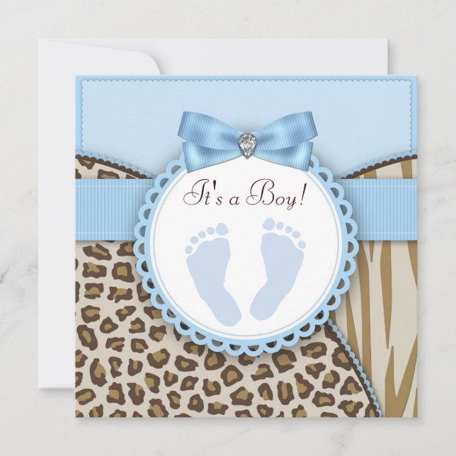 Invitation Baby Shower Empreinte Marron Bleu (Devant)