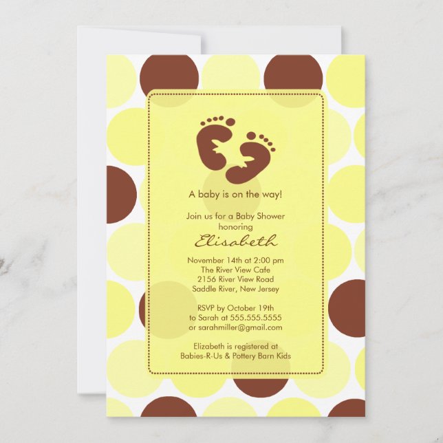 Invitation Baby shower Empreinte Pois jaunes (Devant)