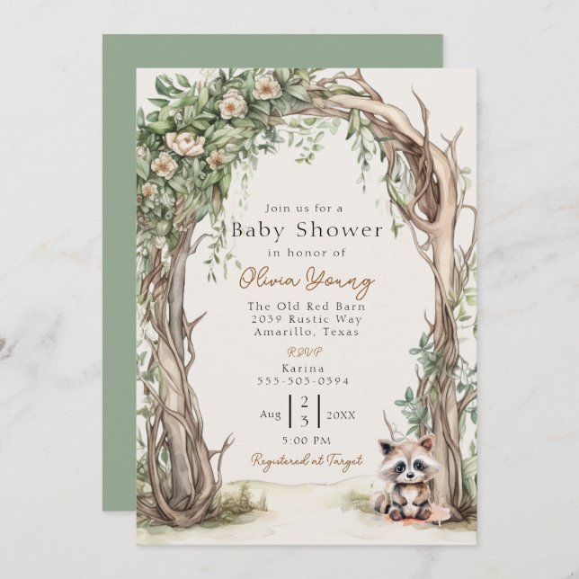 Invitation Baby shower en arche en bois rustique (Devant / Derrière)