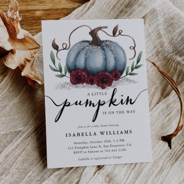 Invitation Baby shower en argent bleu rustique petit Citrouil (Créateur téléchargé)