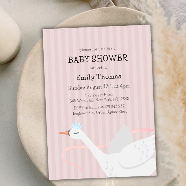 Invitation Baby shower en bande de cygne rose Whimsical Princ (Pink Whimsical Princess Swan Stripe Baby Shower Invitation)