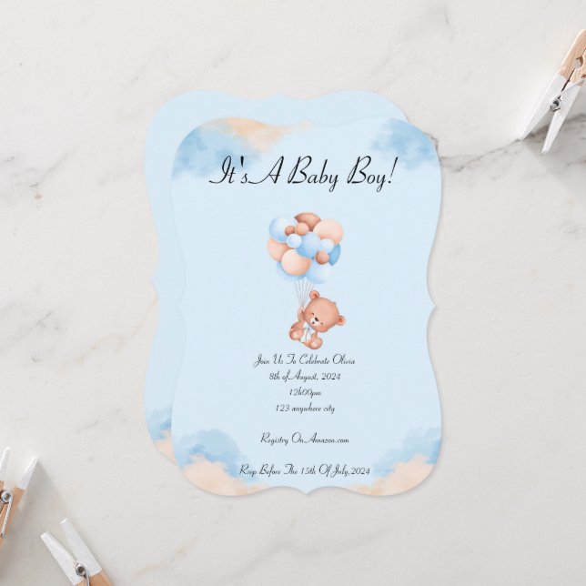 INVITATION baby shower EN BLEU POUR LES GARÇONS (Devant/Arrière en situation)