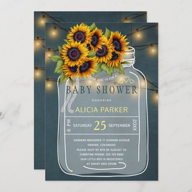 Invitation Baby shower en bocal de tournesol jaune vif (Devant / Derrière)