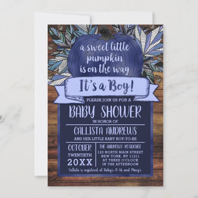 Invitation Baby shower en bois bleu de Little Citrouille Fall (Devant)
