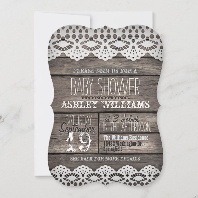 Invitation Baby shower en bois Brown rustique et dentelle bla (Devant)