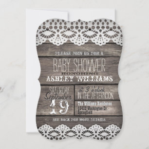 Invitation Baby shower en bois Brown rustique et dentelle bla