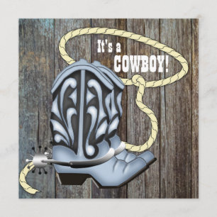 Invitation Baby shower en bois de cowboy de grange bleue