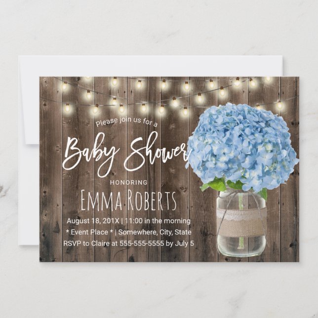 Invitation Baby shower en bois de jarre bleu rustique Hydrang (Devant)