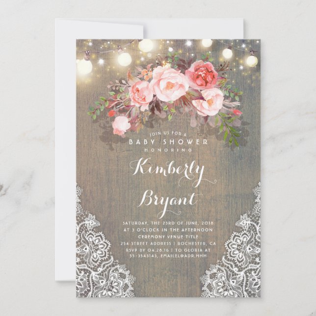 Invitation Baby shower en bois de la dentelle florale rustiqu (Devant)