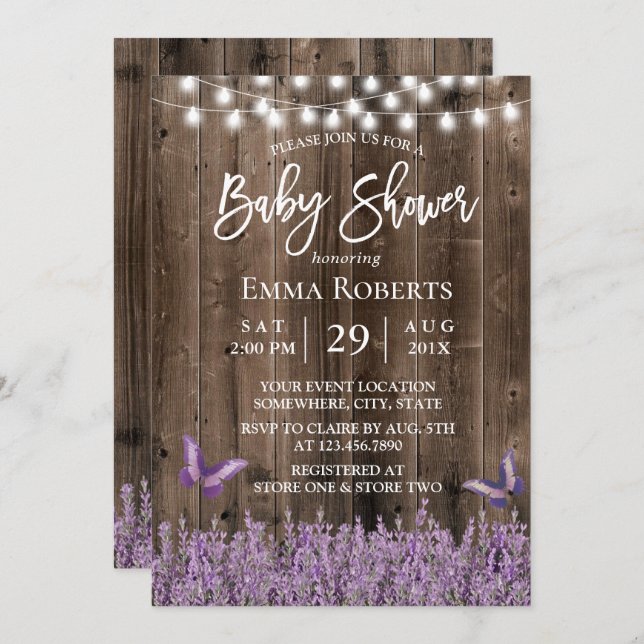 Invitation Baby shower en bois foncé de lavande rustique (Devant / Derrière)