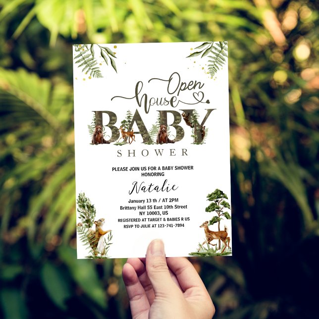 Invitation Baby shower en bois maison ouverte (Créateur téléchargé)