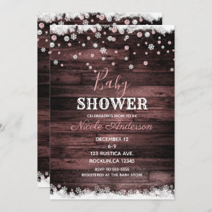 Invitation Baby shower en bois rustique de neige d'hiver d'or