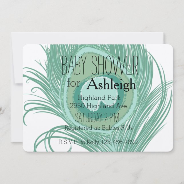 Invitation Baby shower en bon état de plume de paon (Devant)