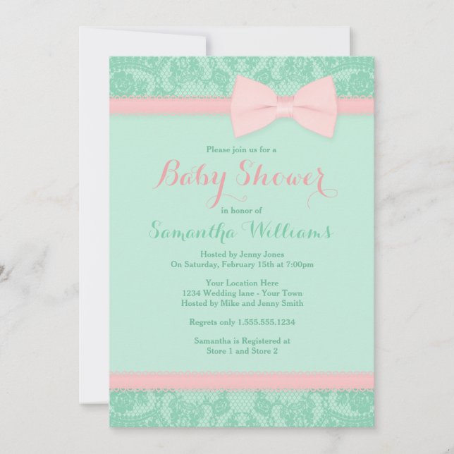 Invitation Baby shower en bon état et rose de dentelle et (Devant)