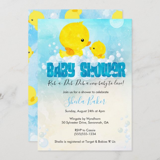 Invitation Baby shower en caoutchouc | Bain de Duc (Devant / Derrière)