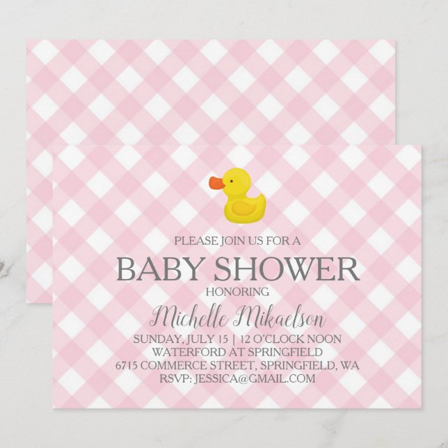 Invitation Baby shower en caoutchouc En vichy rose (Devant / Derrière)