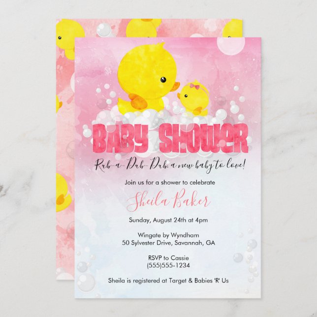 Invitation Baby shower en caoutchouc | Girl Duckie (Devant / Derrière)