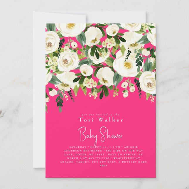 Invitation Baby shower en cascade blanc floral rose chaud (Devant)
