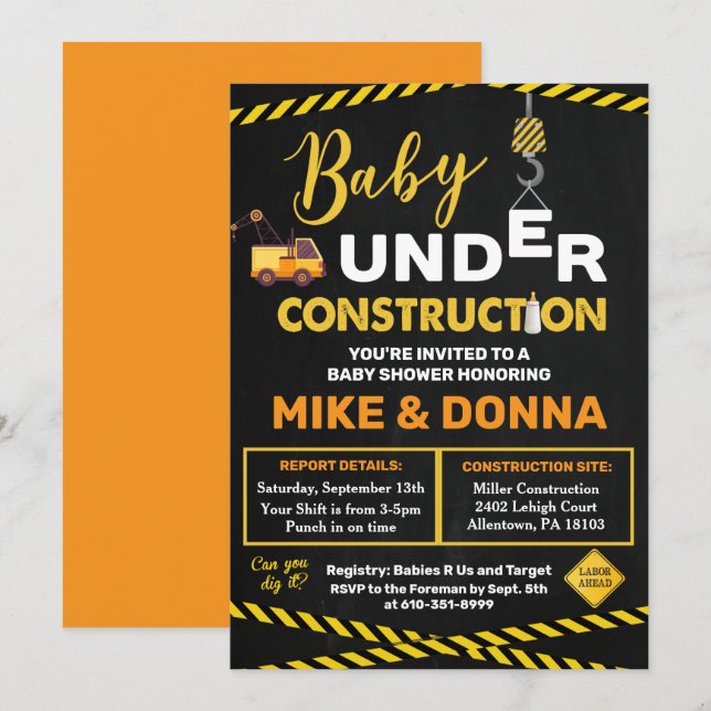 Invitation Baby shower en construction (Devant / Derrière)