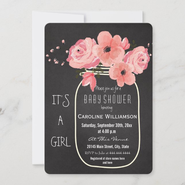 Invitation Baby shower en damier Mason Jar Flowers (Devant)