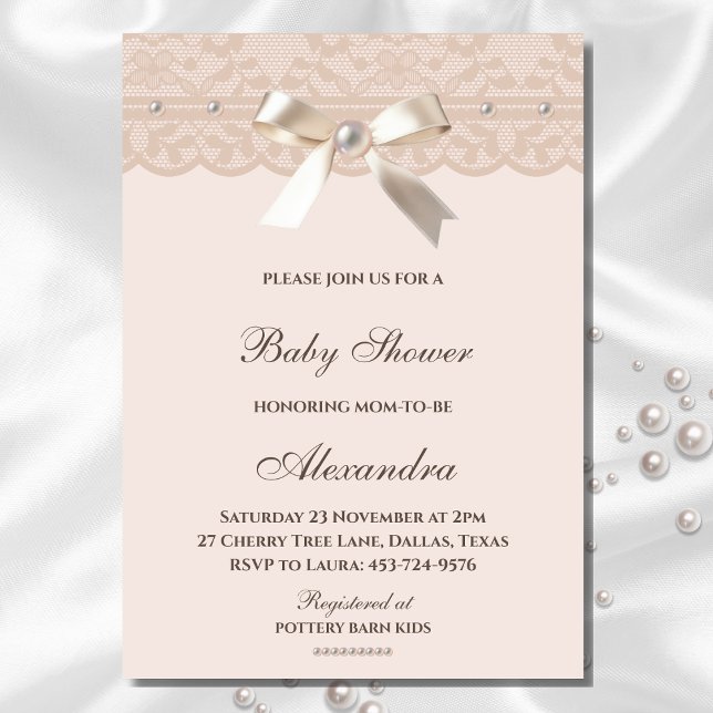 Invitation Baby shower en dentelle de Bow Pearl Rose (Créateur téléchargé)