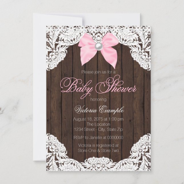 Invitation Baby Shower en dentelle et bois (Devant)
