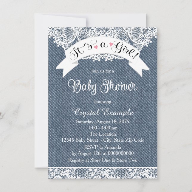 Invitation Baby Shower en Dentelle et Denim (Devant)