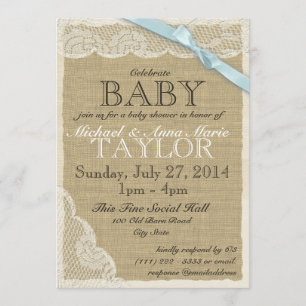 Invitation Baby shower en dentelle vintage et en bois bleu