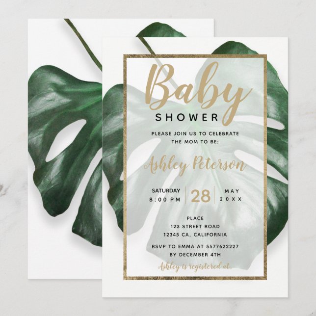 Invitation Baby shower en feuille de monstère verte tropicale (Devant / Derrière)