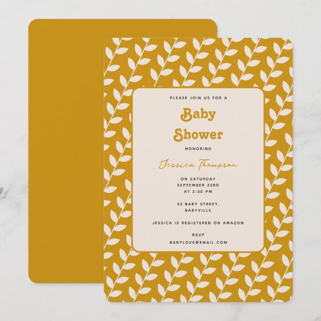 Invitation Baby shower en feuilles les années 70 rétro (Devant / Derrière)