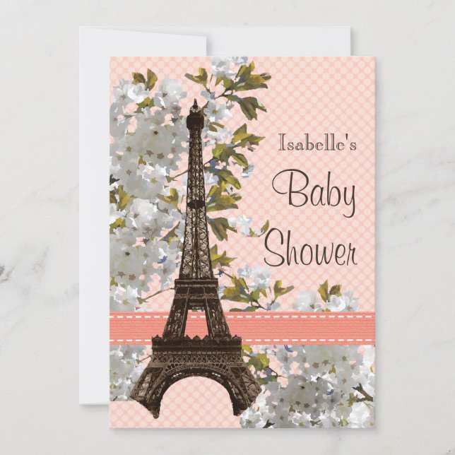 Invitation Baby shower en fleurs de cerisiers de la Tour Eiff (Devant)