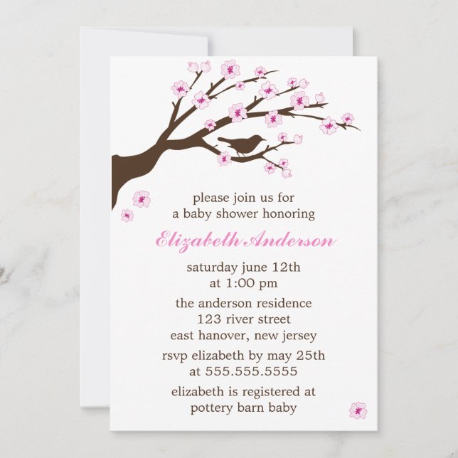 Invitation Baby shower en fleurs de cerisiers roses (Devant)