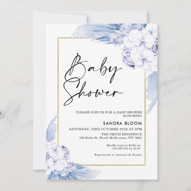 Invitation Baby shower en herbe Boho Bleu Chaud Pampas (Devant)
