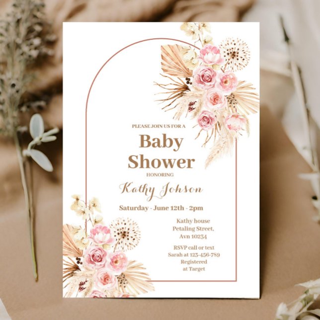 Invitation Baby shower en herbe Pampas Boho Rose (Créateur téléchargé)