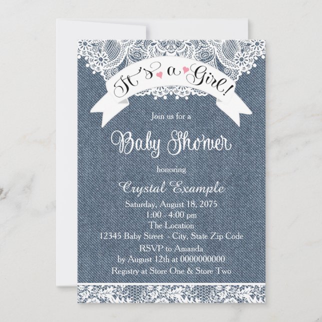 Invitation Baby Shower en Jean Bleu et Dentelle (Devant)