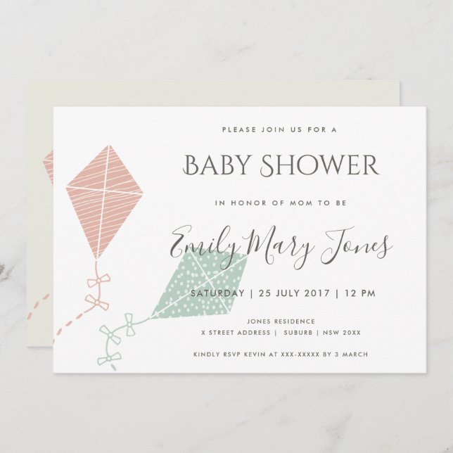 INVITATION BABY SHOWER EN KITE BLEU ROSE SOUPLE (Devant / Derrière)