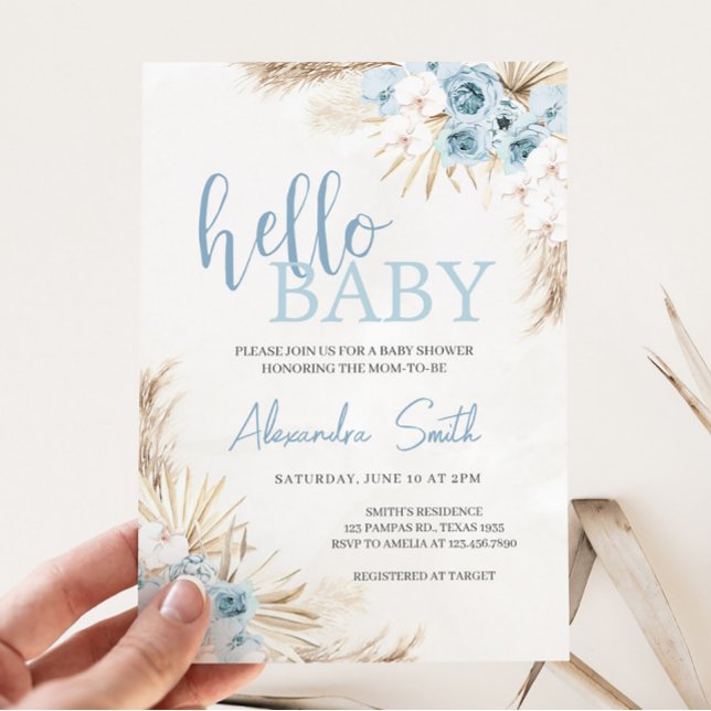 Invitation Baby shower en laiton Floral Bleu Pampas (Floral Pampas Grass Baby Shower Invitation)