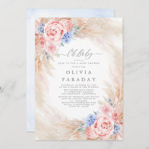 Invitation Baby shower en laiton Pampas bleu foncé