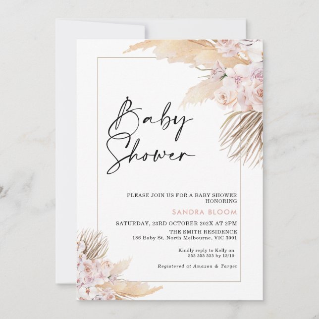 Invitation Baby shower en laiton rose mauve Boho Pampas (Devant)