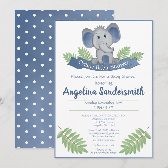 Invitation Baby shower En Ligne Par Mail Blue Boy Elephant (Devant / Derrière)