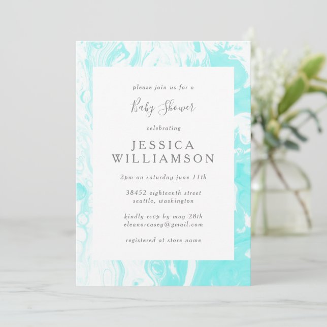 Invitation Baby shower en marbre Abstrait bleu Aqua (Debout devant)
