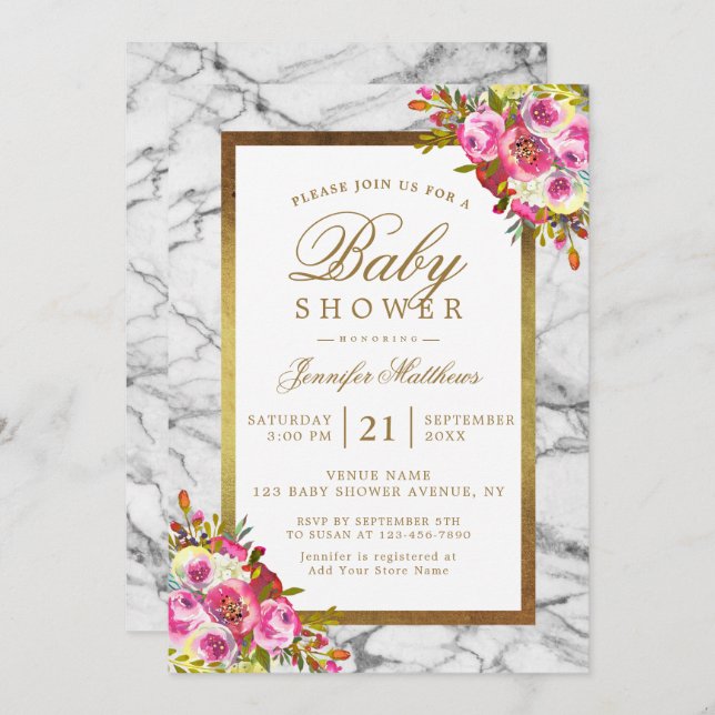 Invitation Baby shower en marbre noir rose floral chic or (Devant / Derrière)